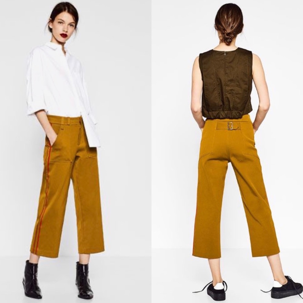 Zara Mustard Yellow Military Style Wide Leg Capri Red Stripe Denim Pants